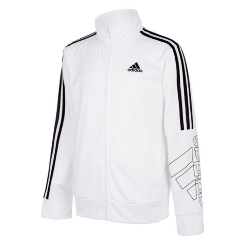 Boys Adidas White & Black Stripe-Accent Logo Zip-Up Track Jacket, Sz. XL 18/20